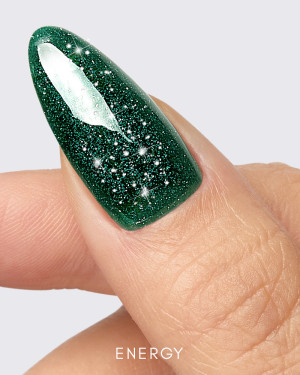 Deep green gel polish with silver and green flashing glitter